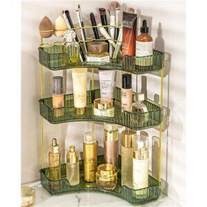 Green 3 tier corner makeup organizer with brush holder vanity storage shelf